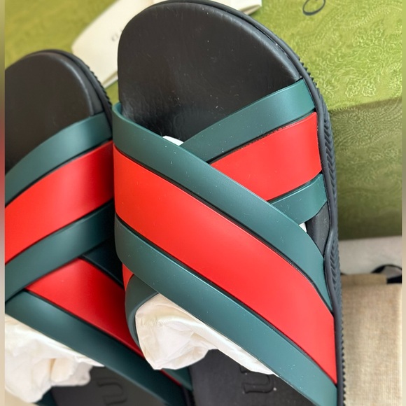 Gucci Women's Web Slide Rubber Sandals Sz 39 BNIB Made in Italy π― Authentic - Picture 12 of 13